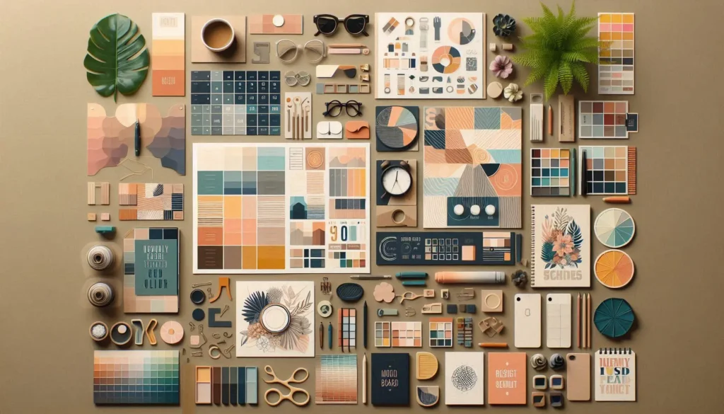 Mood board of design elements like color swatches and typography.