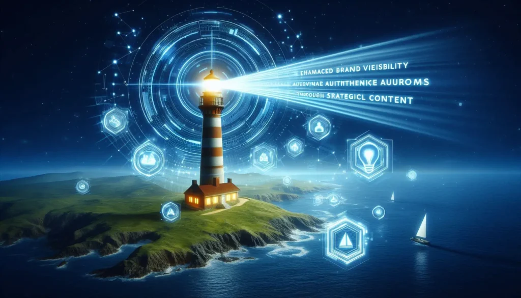 Image: A lighthouse beaming light across a digital landscape, symbolizing enhanced brand visibility and authority achieved through strategic content.
Visual Elements: Lighthouse emitting light, digital landscape with brand symbols.